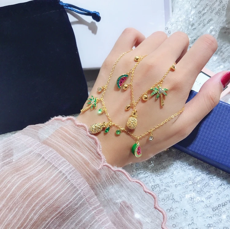 Original Tropical Golden Coconut Tree Flamingo Pineapple Watermelon Fruit Bracelet Necklace Women Fashion Set DIY Jewelry