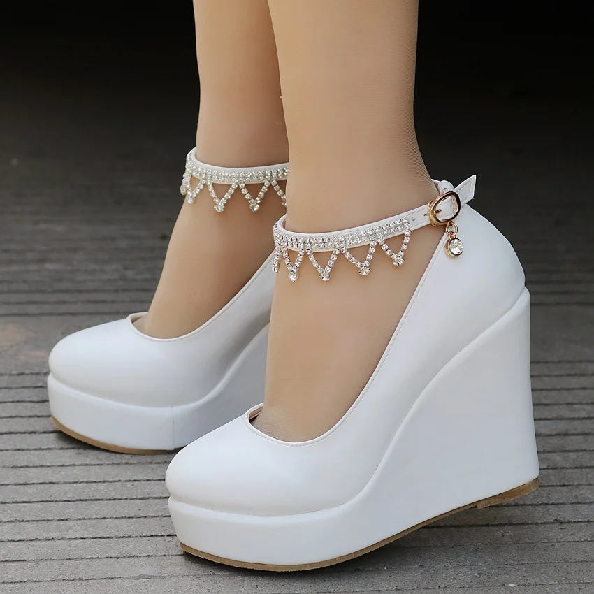 Crystal white Queen High Heel Ankle Strap Platform Wedge shoes Women Pump Wedge 