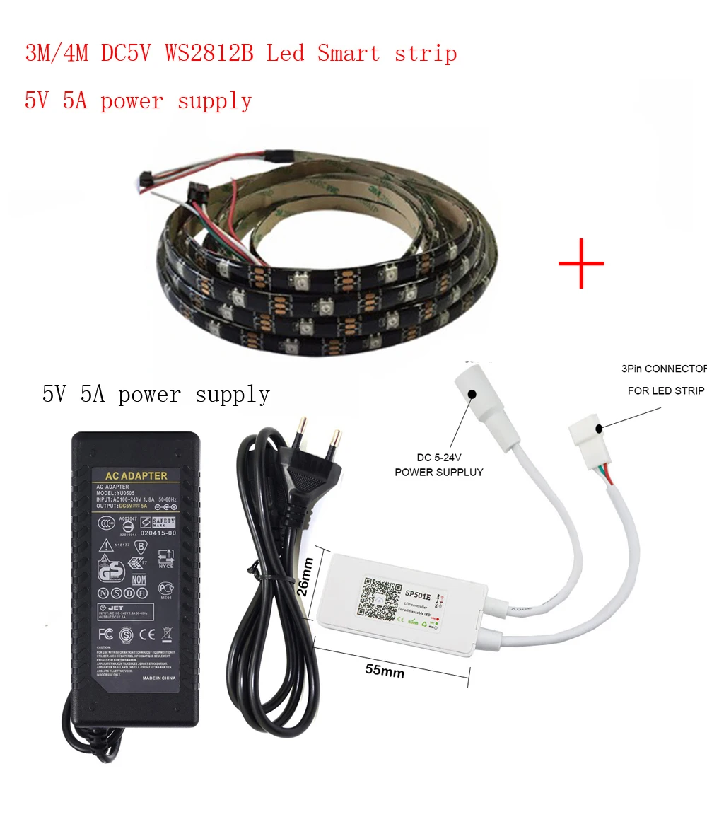 

3-4m DC5V WS2812B Led Strip 30 pixels/leds/m WS2812 IC Smart 5050 RGB led Strip light+5V LED Power Supply + LED Controller