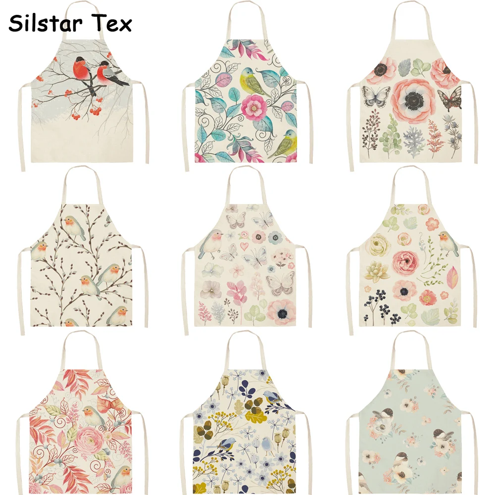 Silstar Tex Flowers And Birds Apron Kitchen Woman Kids Home Ice Cream Dessert Aprons Garden Work Haircut Dress Accessories