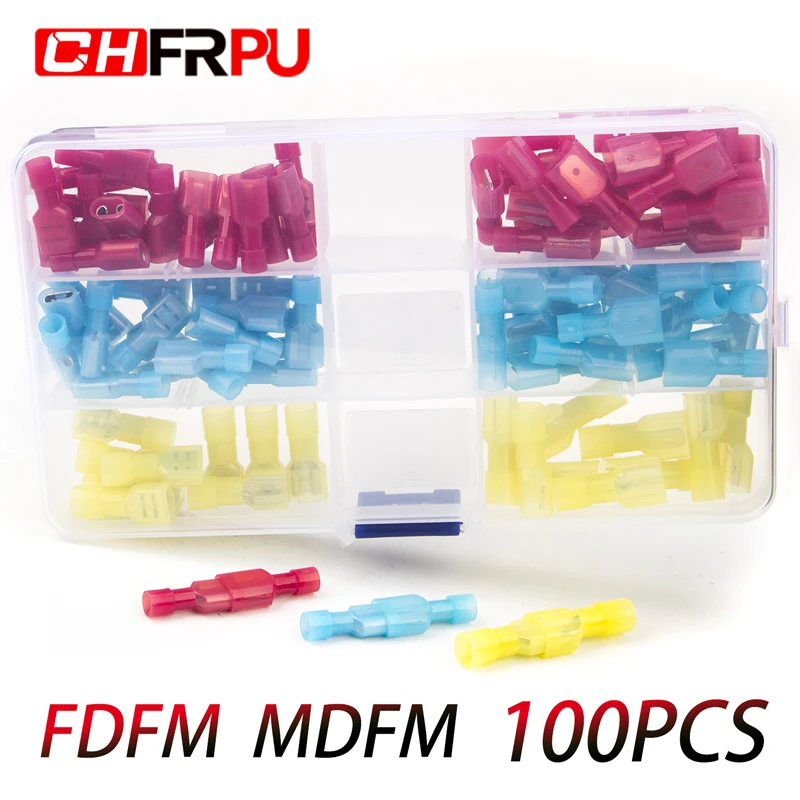 

100PCS set MDFN FDFN MDFN + FDFN NYLON insulated spade terminal male and female connector terminal cable butt terminal crimping