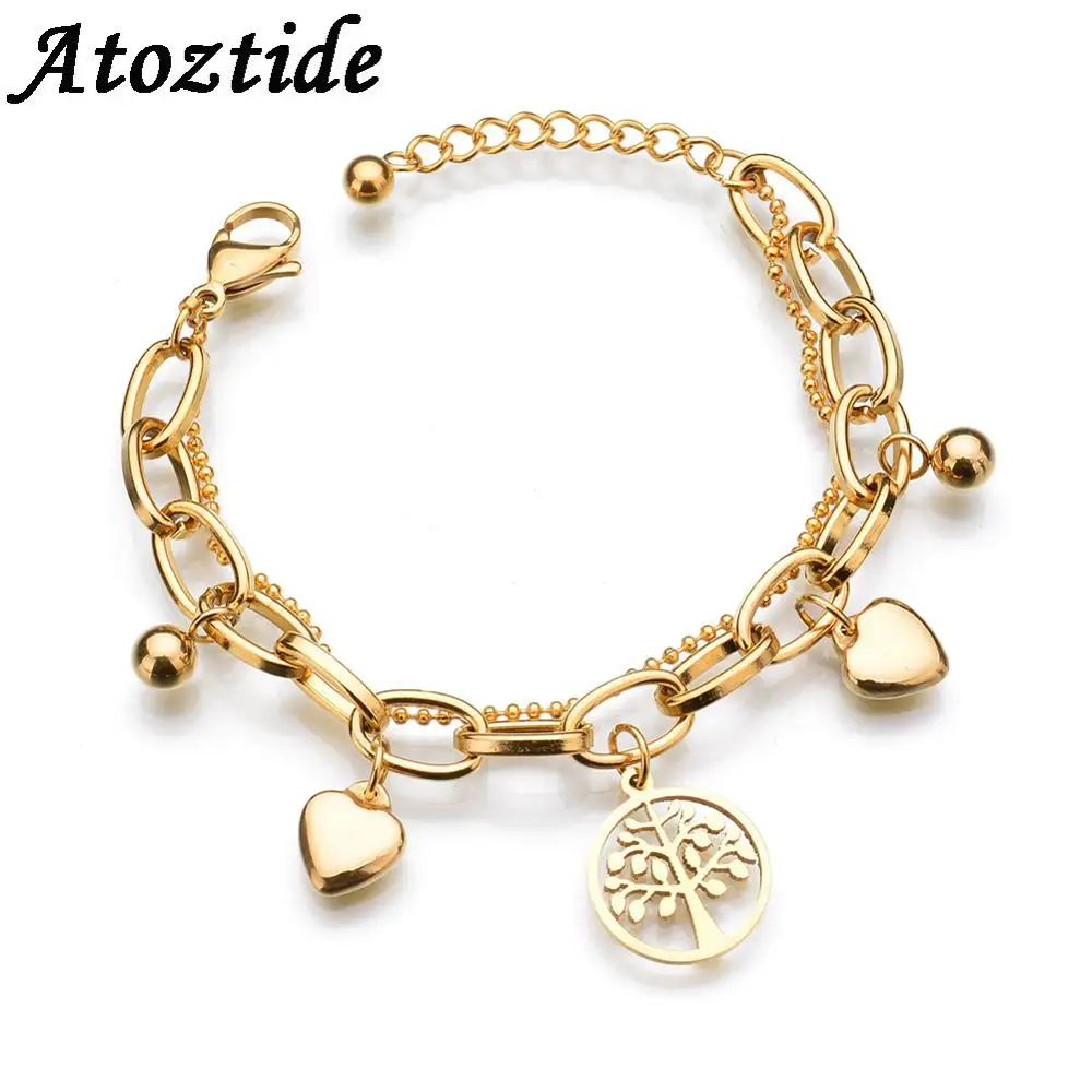 

Atoztide Charm Double Layers Heart Bracelets For Women Stainless Steel Adjustable Gold Life of Tree Breaclets With Round beads
