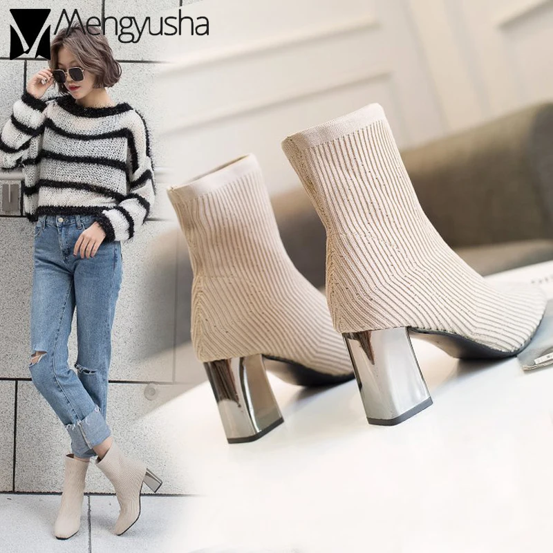 

2019 Striped Weaving Sock Boots Women Stretch Botas Plated Sqaure High Heels Martin Boots Femme Short Chelsea Ankle Botines