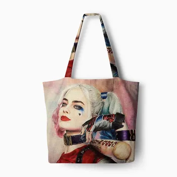 

Customized Movie comic Harley Quinn printing Handbag Linen polyester shopping Tote Home Storage with Casual Traveling Beach Bags