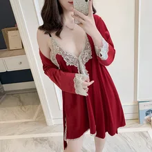 Повседневное Кружевной Костюм-двойка халат, одежда для сна, пижамы для леди комплект из 2 предметов, ночная рубашка; одежда для сна комплект белья, сексуальное кимоно Банный халат Домашняя одежда Детские штаны на вельветовой подкладке одежда для сна