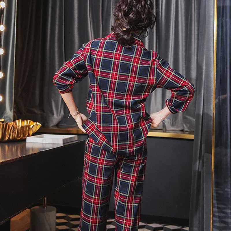 Женская пижама с длинным рукавом, комплект из 2 предметов, Женская домашняя одежда для сна с принтом в клетку, Хлопковая пижама с длинным рукавом