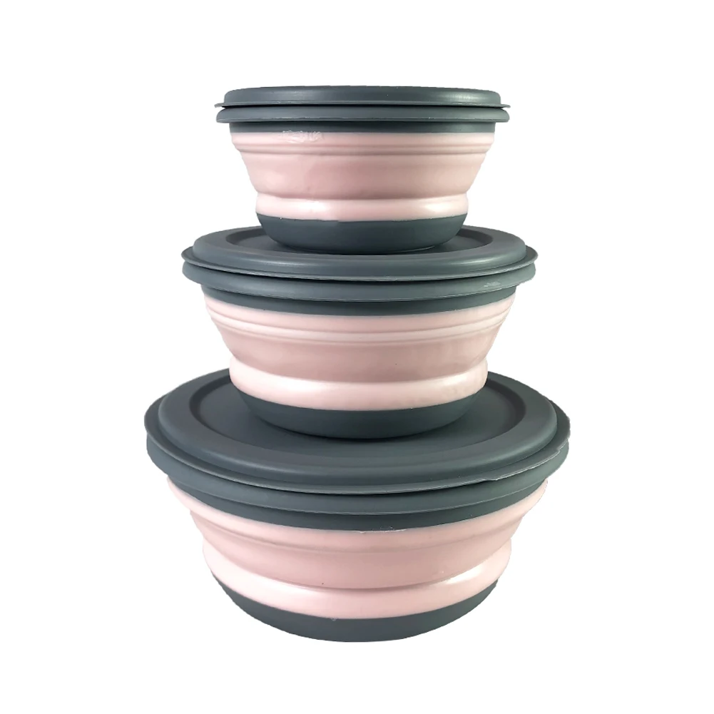 3 шт Складная Силиконовая крышка для чаши BPA бесплатно контейнеры для хранения продуктов кемпинга пикника складной Ланч-бокс подходит для микроволновой печи - Цвет: Pink