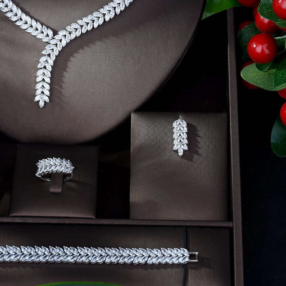 HIBRIDE New Leaf Design AAA Zirconia Set Paved CZ Crystal White Color Wedding 4pcs Dubai Jewelry Set for Bridal Dress N-1158 - Image 3
