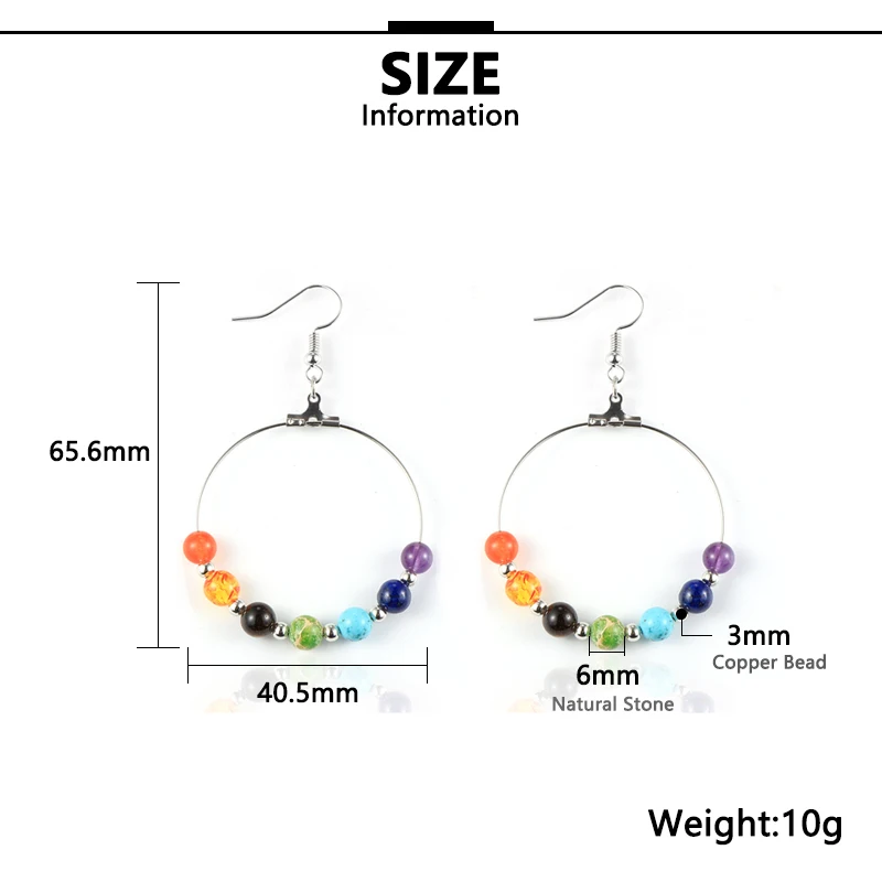 Women Natural Stone 7 Chakras Beads Dangling Earring Healing Reiki Asymmetric Chip Gravel Pierced Earrings Hoops Hanging Jewelry