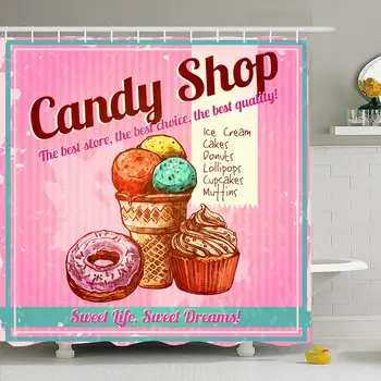 

Shower Curtain Set with Hooks 72x78 Vintage Candy Print Shop Cupcake Vase Texture Hand Lunch Poster Sketch Donut Textures Food