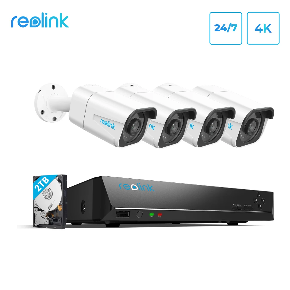 Reolink 8MP 4K Ultra HD Security Camera System 8ch PoE NVR & 4 PoE IP Cameras Surveillance NVR Kit 2TB HDD RLK8-800B4 afbeelding