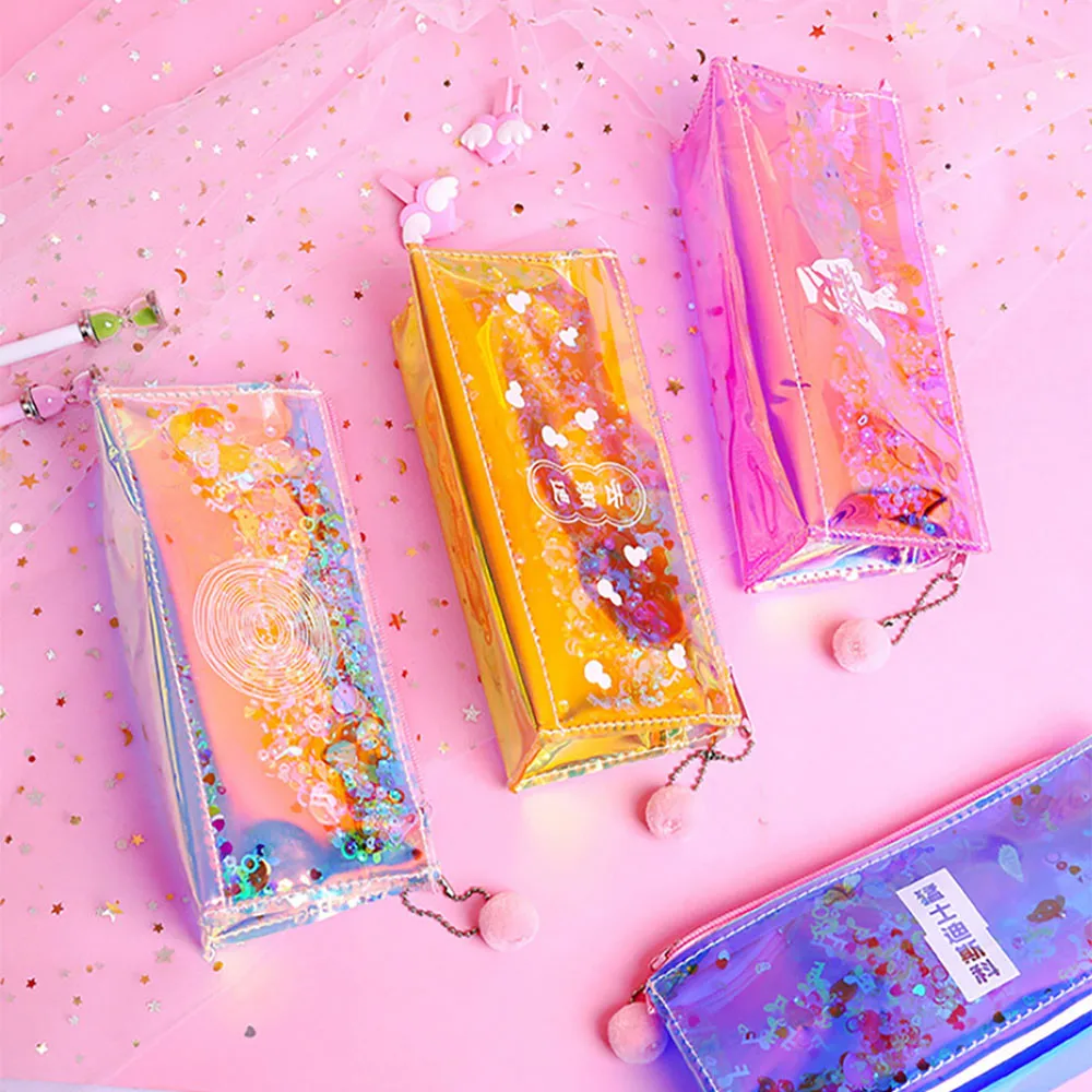 Красочные Канцтовары для женщин Kawaii красочные лазерные прозрачные пеналы косметичка дорожная косметичка большой емкости