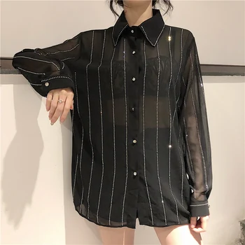 

Fashion Women Transparent See Through Shirts Woman Shiny Diamonds Shirts Lady Loose Bling Bling Gemstones Shirts Tops