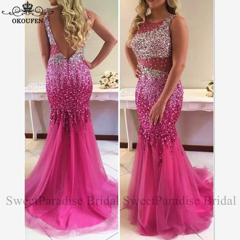 Hot Pink Роскошный Кристалл из горного хрусталя Выпускные платья в ярко-розовый тюль чистая Иллюзия спинки длинное карнавальное вечернее платье для женщин - Цвет: Hot Pink