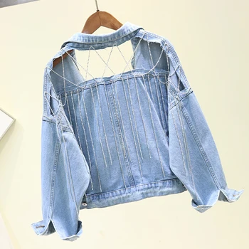 

Korean Fashion Diamond Tassel Short Denim Jacket Women Spring Loose Holes Jeans Jacket Coat Female Casual Outerwear Streetwear