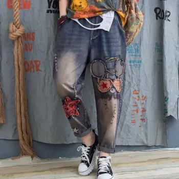 

2020 National style Vintage Elastic waist Jeans woman embroidery cartoon patch High waist Denim trousers female Harem pants w519