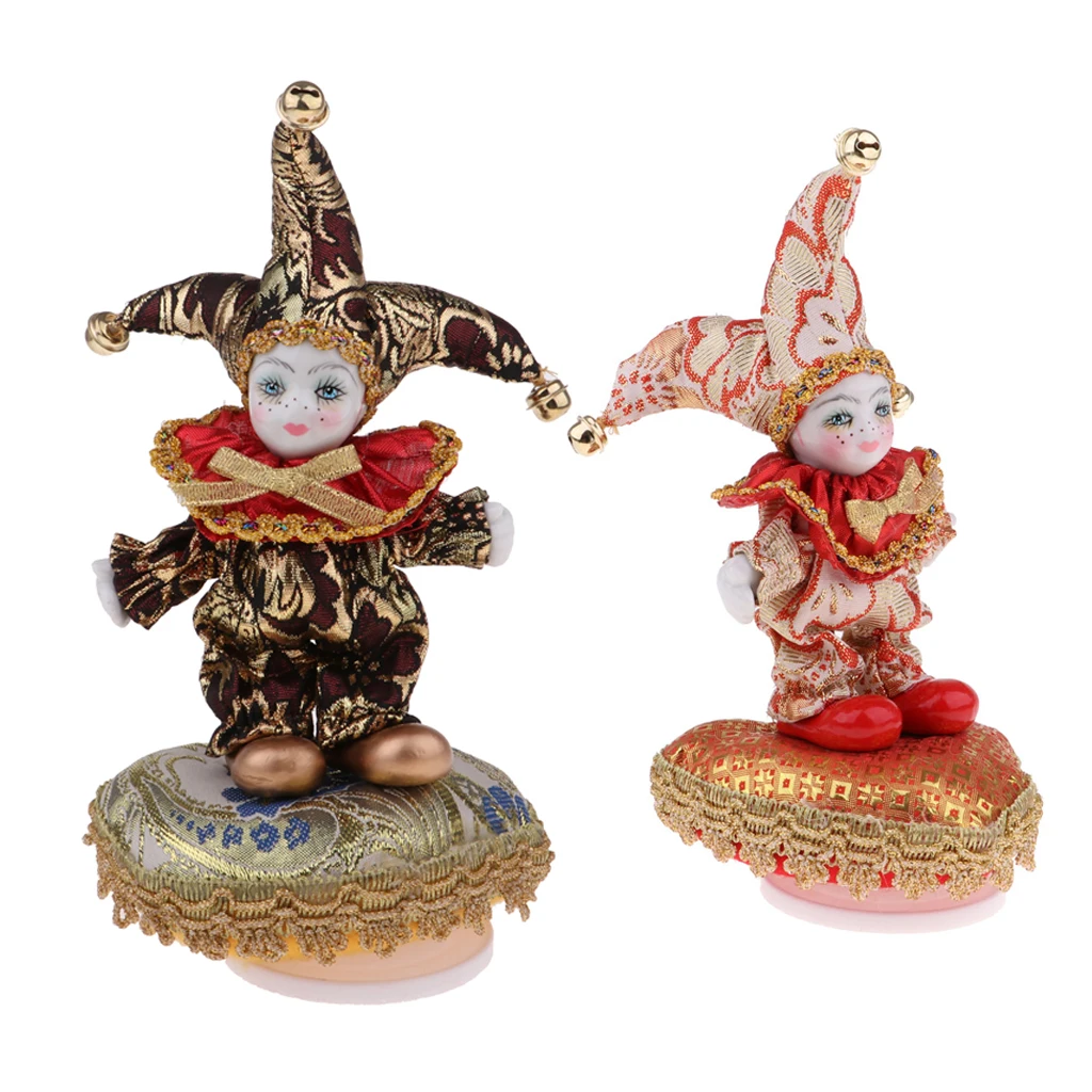 2Pcs 6inch Lovely Porcelain Triangel Doll Clown Model Music Box Home/office Ornaments