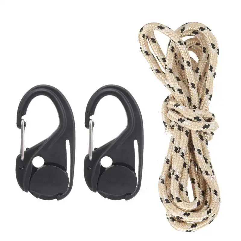 2PCS Camping Tent Cord Tightener Lightweight Plastic Tie Hook With Carabiner Clip And Cord Rope