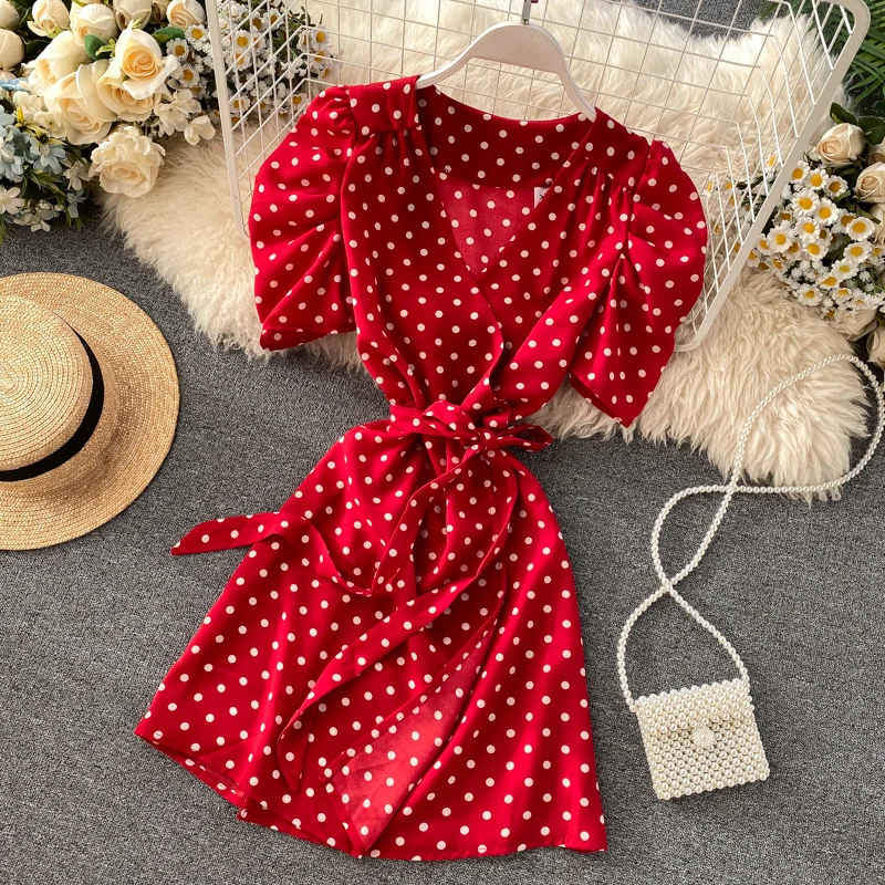 Летнее сексуальное платье в горошек милое Плиссированное шифоновое для пляжной