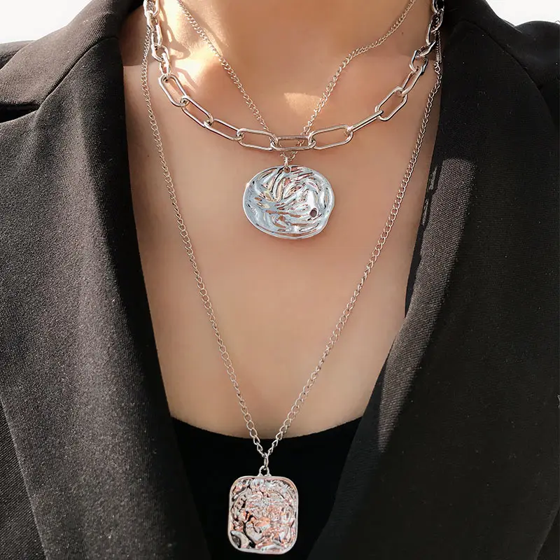JUST FEEL Vintage Gold Silver Color Portrait Round Coin Choker Necklace Women Multi-layer Pendant Necklace Statement Accessories