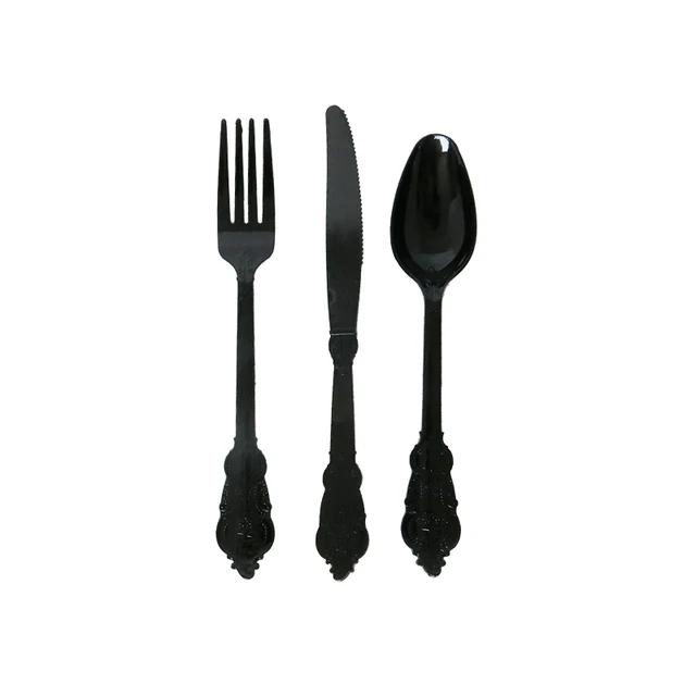 12pcs 4sets Disposable Colorful Plastic Cutlery Tableware Sets 4 Knives 4 Spoons 4 Forks Wedding Birthday Party  Dinnerware Eco black 12pcs