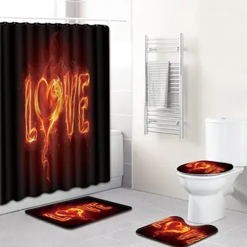 

U Shaped Toilet Seat Cover Area Rug Shower Curtain with Hook Fire Love Valentine's Day Bathroom Decoration Set 2020