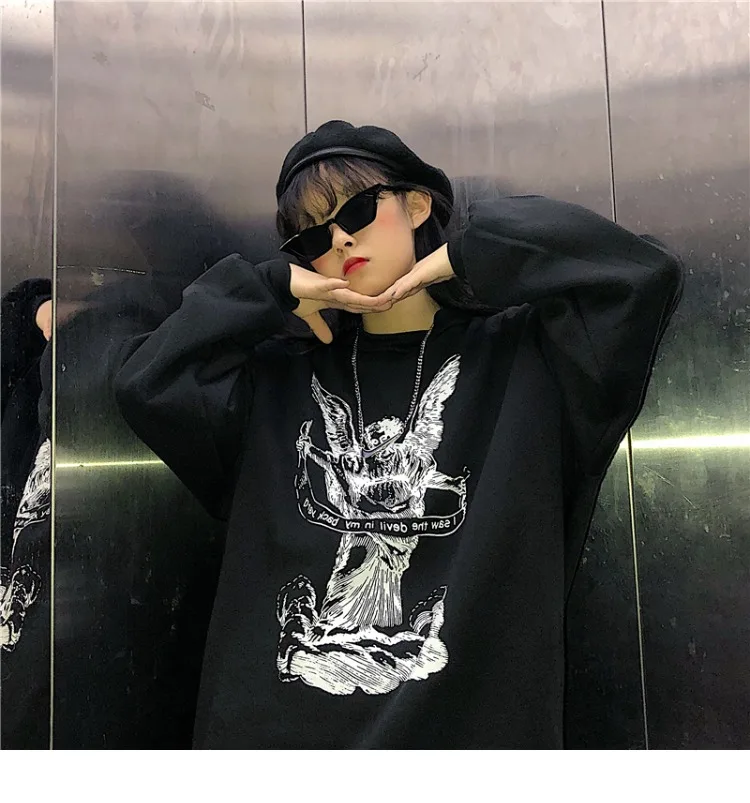 Осенне-зимняя Толстовка Femme корейский Ulzzang Harajuku винтажные Свободные флисовые толстовки женские, пуловеры с капюшоном