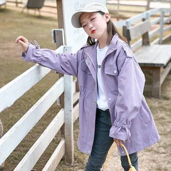 

2020 children's wear autumn new girl Korean version of pure color windbreaker, big kids fashion mid-length waist coat