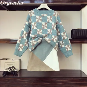 

Fall Winter Women's Suit Jacquard Jumper Tops + knit Skirt Sets Warm Thick Sweater + Color block Mini Skirt 2 piece Sets M-4XL