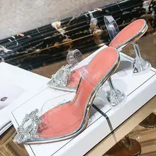 Mikishyda новые летние прозрачные Женские босоножки модные элегантные туфли из прозрачного пластика; Туфли на «шпильках» с заостренным носком, со стразами Обувь на высоком каблуке