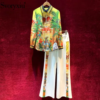 

Svoryxiu Runway Spring Summer Vintage Two Piece Set Women's Long Sleeve Jungle Animal Print Blouse + White Pants Fashion Suits