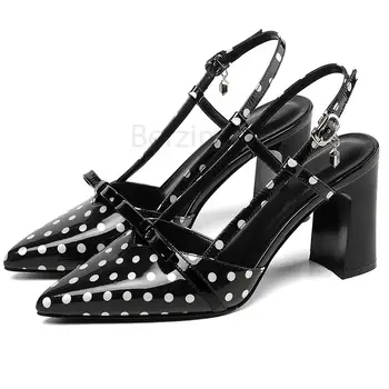 

BERZIMER Quality Women Heels LEATHER Chunky Heel Pumps Slingbacks Polka Dot Zapatos Tacones Altos Sandals Shoes Woman Size 38 39