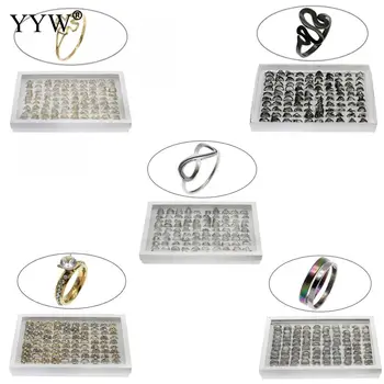

100pcs/Box Stainless Steel Ring Mixed Ring Size 7-12 Unisex Women Men Silver Black Color Punk Rings Mix Random Style