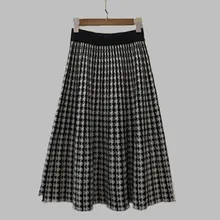 Новая осенне-зимняя винтажная плиссированная юбка миди с высокой талией и принтом «гусиная лапка», вязаная юбка для женщин, юбки для подиума, размер M/L