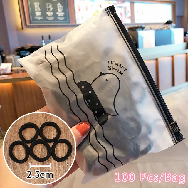 50/100/200 Pcs/Bag Children Cute Candy Cartoon Solid Elastic Hair Bands Girls Lovely Srunchies Rubber Bands Kid Hair Accessories Black-100 Pcs-Bag