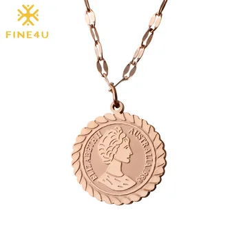 

FINE4U N397 Stainless Steel Queen Elizabeth II Round Coin Pendant Necklace Women Dainty Minimalist Necklaces Delicate Jewelry