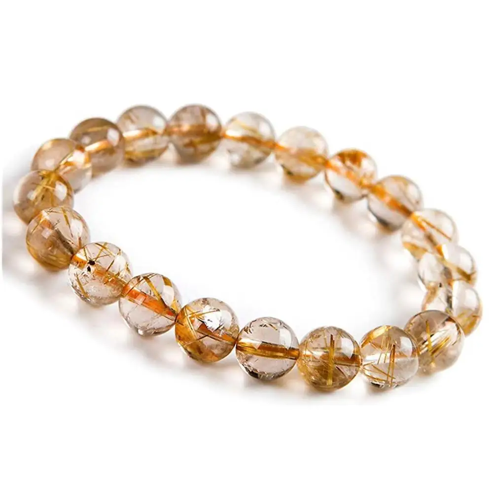 

10mm Natural Gold Rutilated Bracelet For Women Men Brazil Crystal Quartz Stretch Round Beads Stone Fashion Bracelet Jewelry AAAA