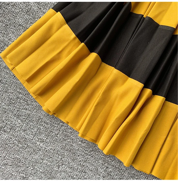 TIGENA Beautiful Patchwork Pleated Skirt Women Fashion Autumn Winter Korean High Waist Long Maxi Skirt Female Black Yellow