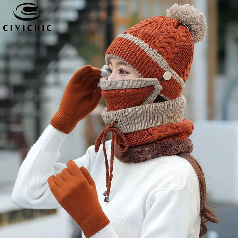 Women's Winter Warm Knit Hat Gloves Scarf Set