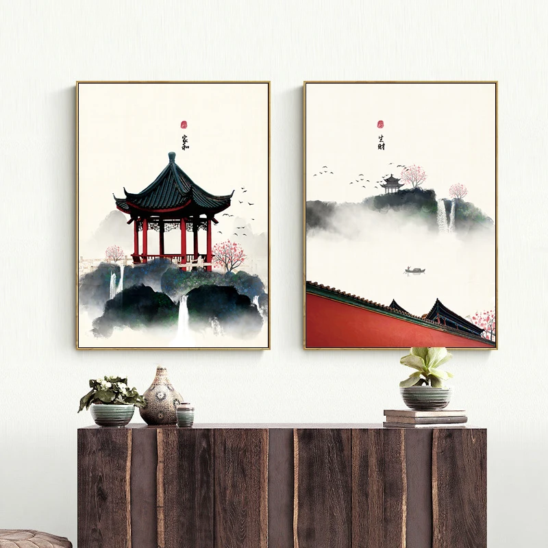 新中式民俗山水建筑装饰画06