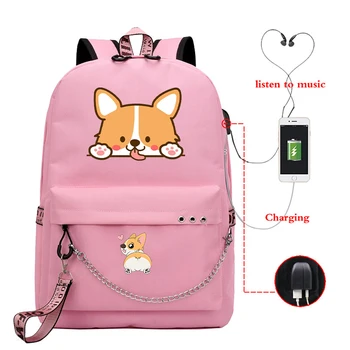 

Corgi Dog Print USB Backpack School Book Bags Kawaii Animal Corgi Dog Travel Bags Laptop Chain Mochilas Headphone USB Port