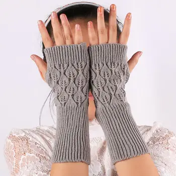 

Warm Women Solid Color High Elastic Hollow Leaves Fingerless Long Knitted Gloves