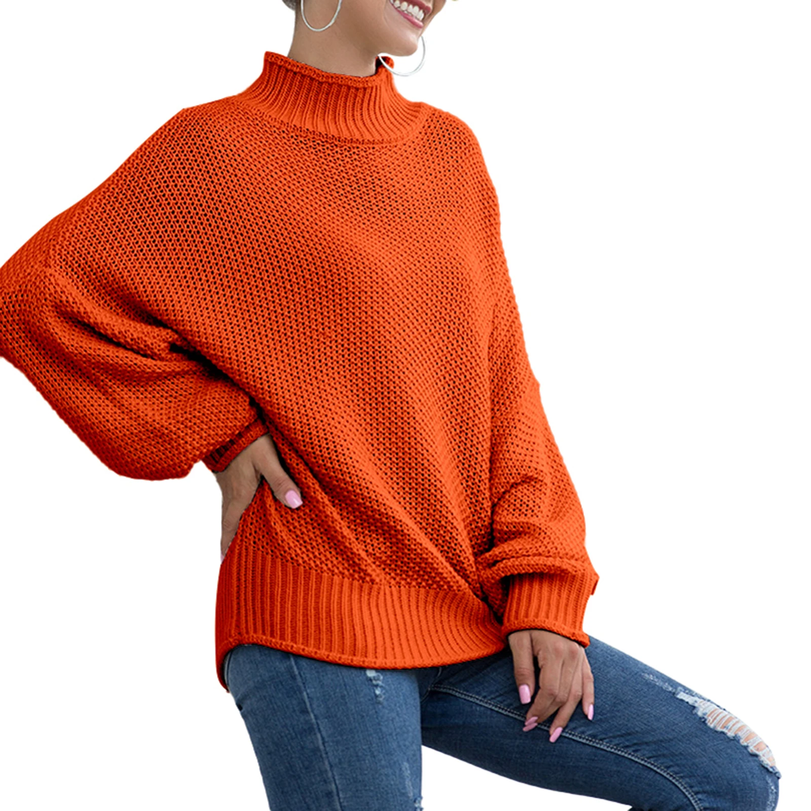 

Women's Simple Style Sweater Solid Color High Neck Long Sleeve Balloon Shirt Knitwear Autumn And Winter