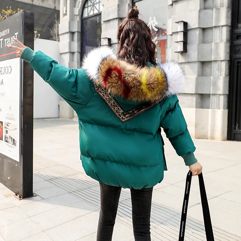 

Short Hooded down Coat Cotton-padded Jacket Women's 2019 Winter New Style Short-height Students Color Large Fur Collar Cotton Ov