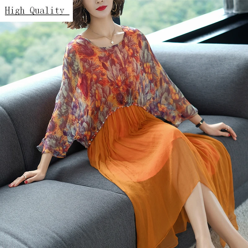 Весеннее шелковое платье женское с принтом элегантные длинные платья вечерние