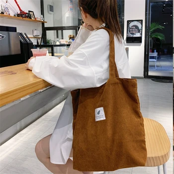 

Women Corduroy Shopping Bag Female Canvas Cloth Shoulder Bag Environmental Storage Handbag Reusable Foldable Eco Grocery Totes