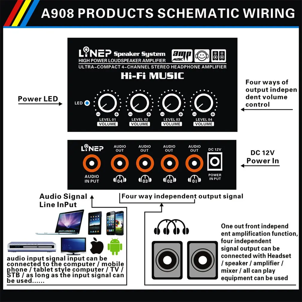 Professional 1 Input And 4 Output Signal Amplifier Distributor Comparator With Headphone Monitor Signal Amplifier