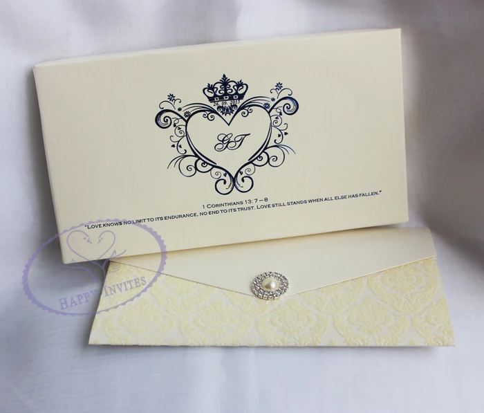 HI6009-26 Customized Ivory Wedding Card with Blue Foil Writing with Paper Box More Colors Available