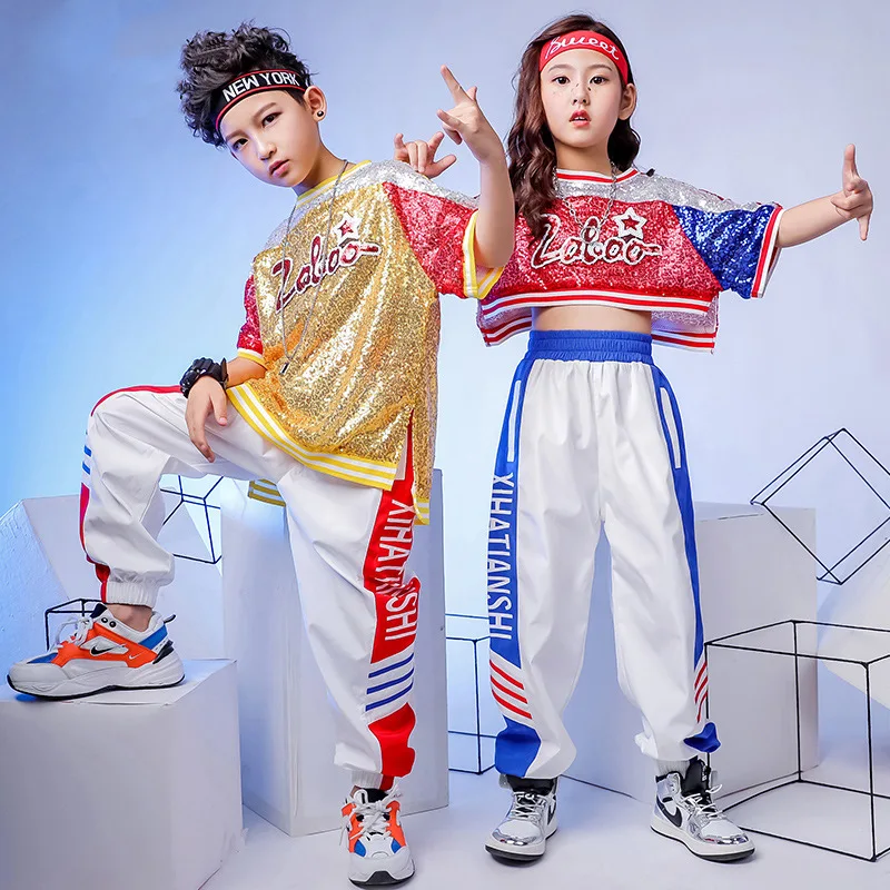 

Футболка в стиле хип-хоп с блестками для девочек и мальчиков, джоггеры и брюки, детская толстовка с коротким рукавом, комплекты для уличных танцев, Детский костюм, уличная одежда