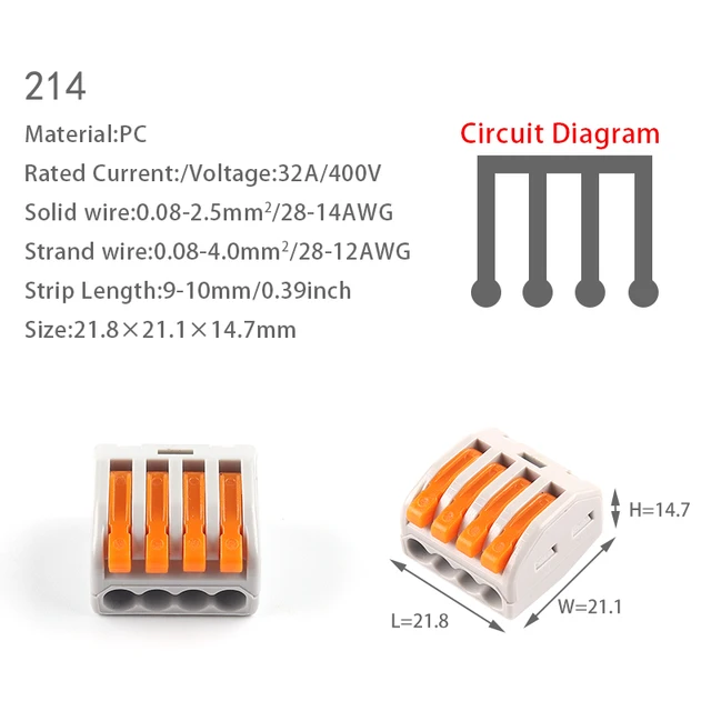 5PCS Fast Wire Cable Connectors Universal Compact Conductor Spring Splitter Wiring Connector Push-in Terminal Block For Electric 214(PC)